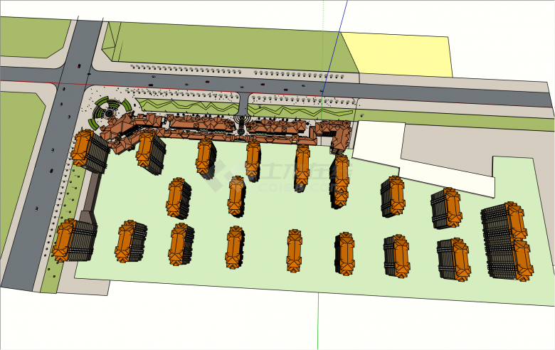 大规模托斯卡纳风格商业步行街（包含办公楼商业街和会所）su模型-图一