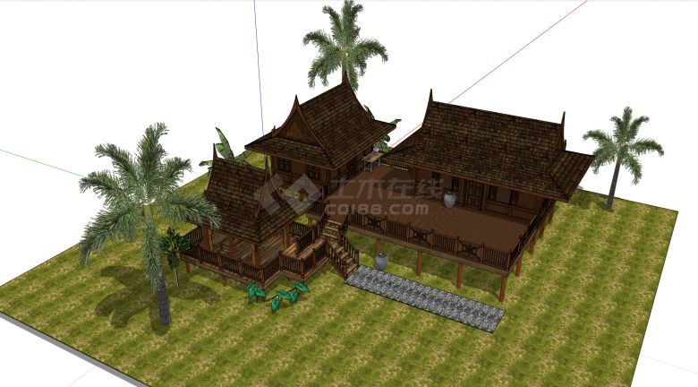 种有椰子树的东南亚风格下层镂空木屋su模型-图一