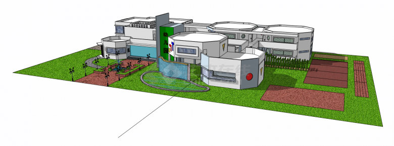 带有绿色草坪的带有双层建筑的幼儿园su模型-图二