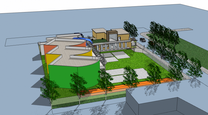 环境优美的带有三种颜色建筑的幼儿园su模型_图1