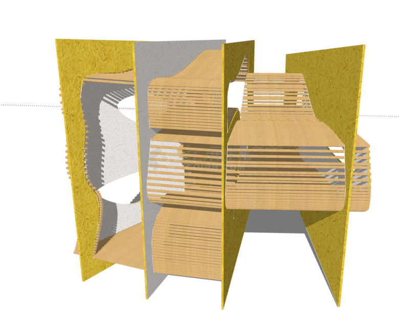 带有黄色的带有线条艺术工艺的木屋 su模型-图一