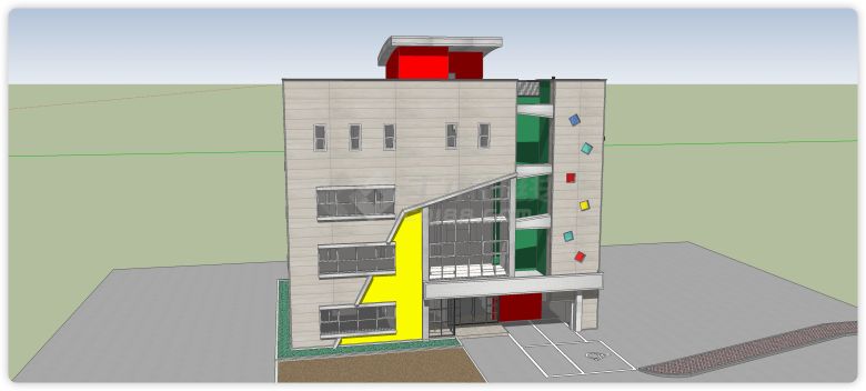 灰色主体绿色配色造型独特的四层办公楼su模型-图二