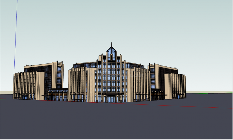 3幢多层建筑按弧形进行排列现代装修风格设计的办公楼su模型-图一
