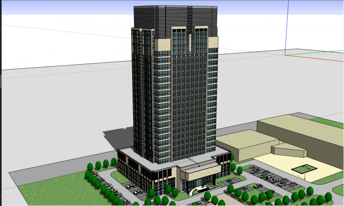 带有停车场绿化的高层办公大楼su模型_图1