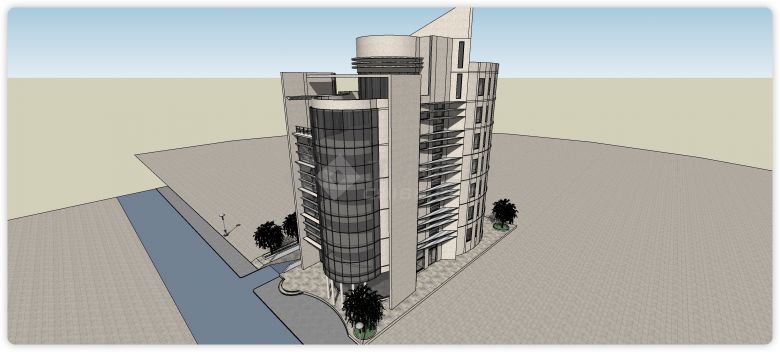 米色大理石主体弧形灰色玻璃结构办公楼su模型-图二
