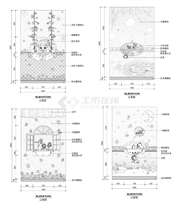 儿童房玩具架-立面装饰CAD图-图二