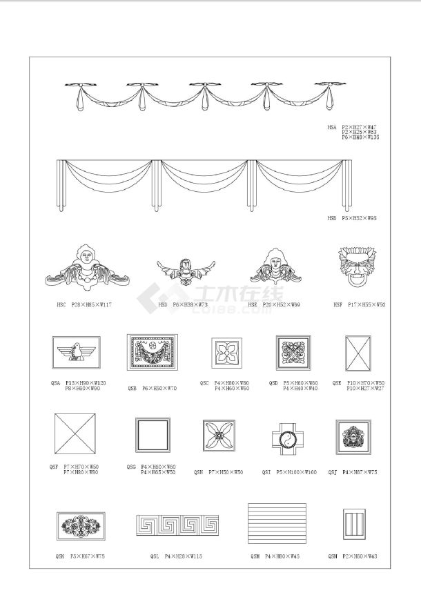 某某建筑古典装饰线脚图块集平面图CAD图-图二