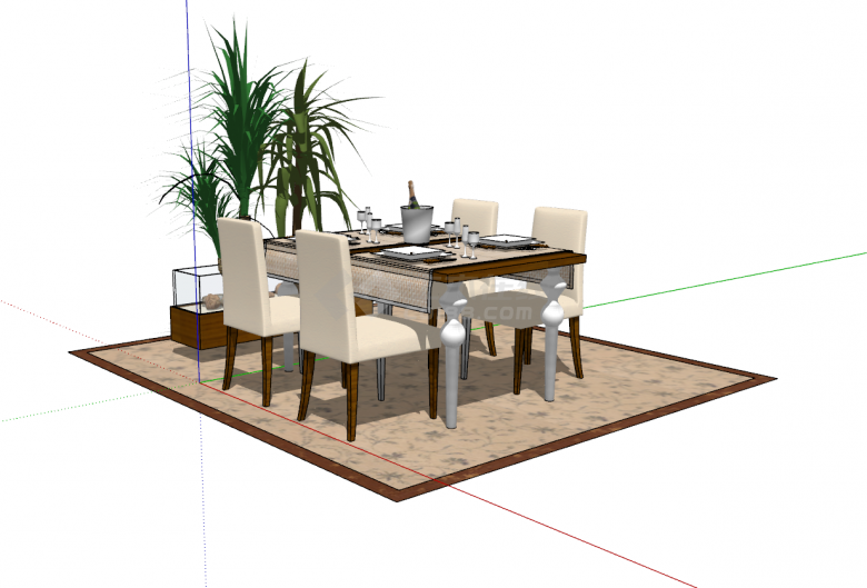 欧式餐桌餐具搭配室内植物景观SU模型-图二