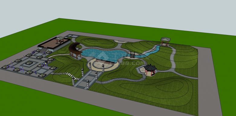 大面积绿地带水连廊休闲文化公园su模型-图一