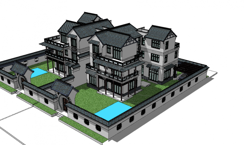 现代化四合院设计中式别墅su模型-图二