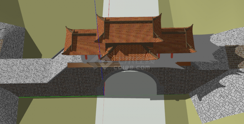 中式桥上大殿三江之门su模型-图二