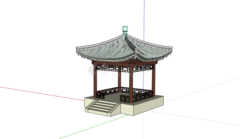 中式方形红柱四角亭子su模型-图一