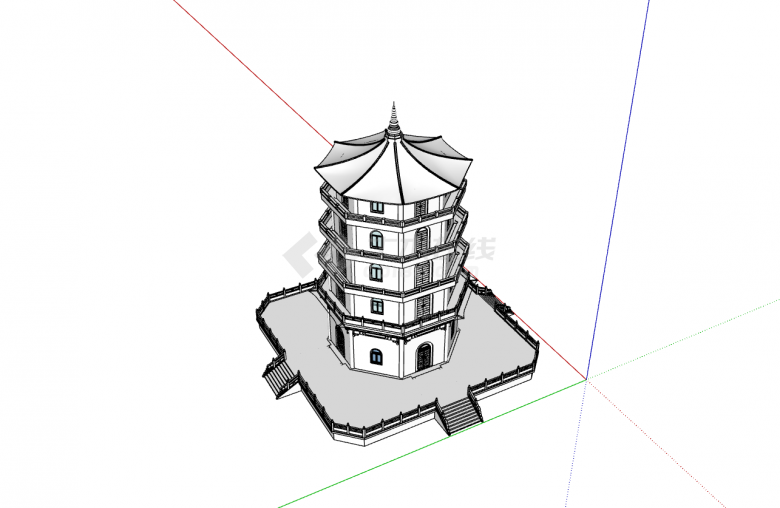 中国风方底五层围栏尖顶塔su模型-图二