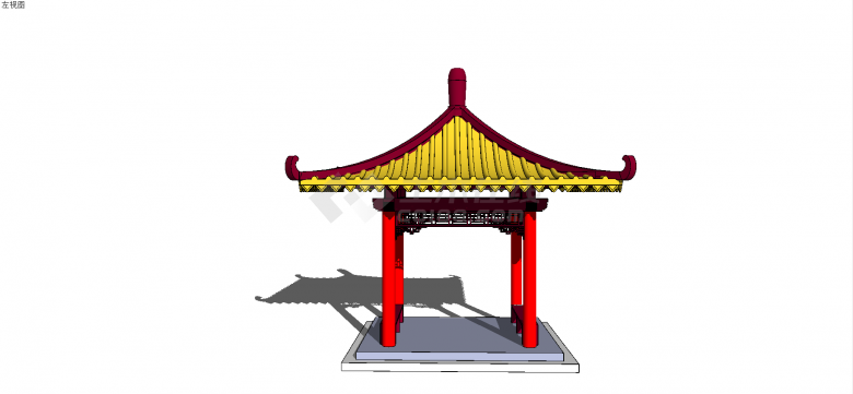 中式黄柱红顶木结构凉亭su模型-图一