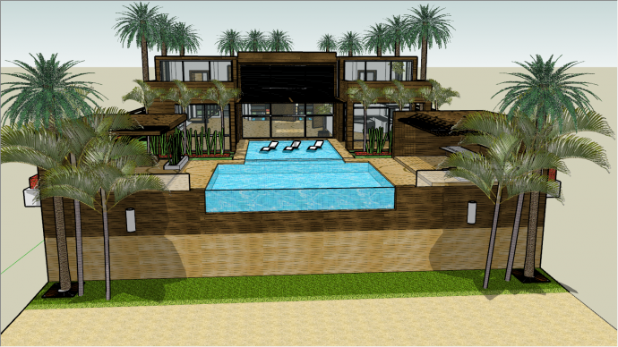 游泳池沙滩椰树大型别墅su模型_图1