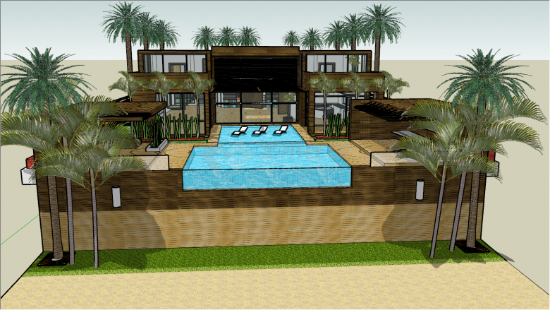 游泳池沙滩椰树大型别墅su模型-图一