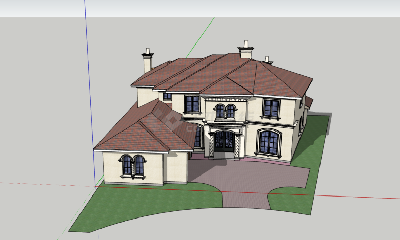 地中海风格浅色底层别墅su模型-图二