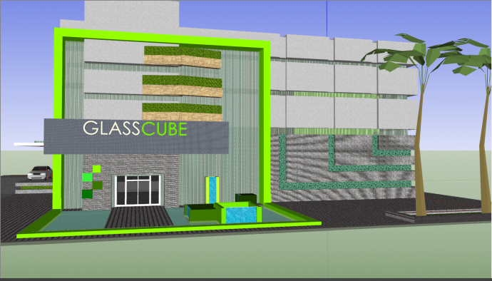 带树木带汽车绿色环保玻璃立方建筑su模型_图1