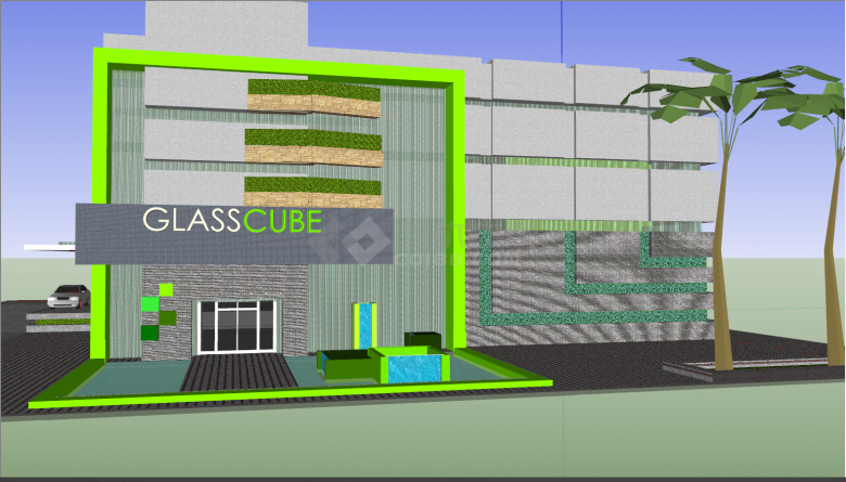 带树木带汽车绿色环保玻璃立方建筑su模型-图一