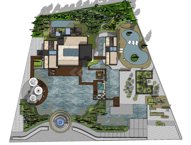 带花园喷泉和树林的高级会所su模型-图二