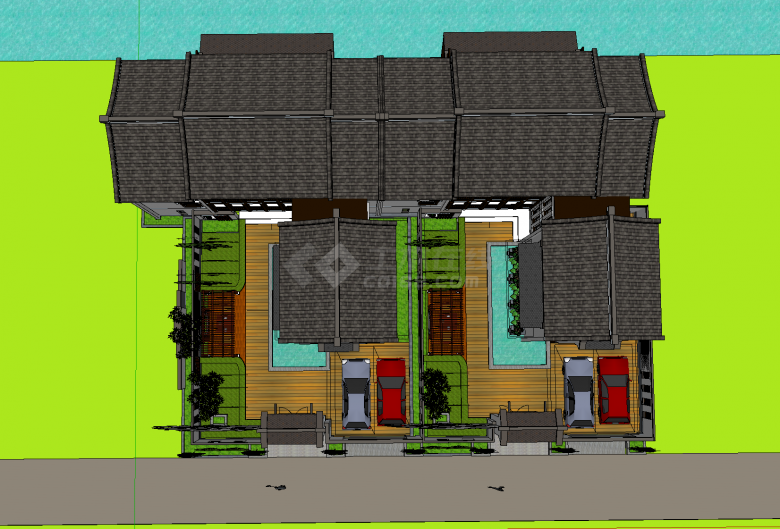 带花园和茶亭的双户三层新中式别墅su模型-图二