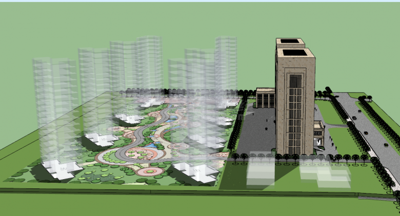 现代化大型带绿化办公楼su模型-图一