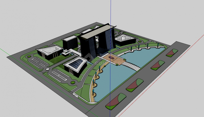 现代半圆形大门带池塘行政中心su模型-图二