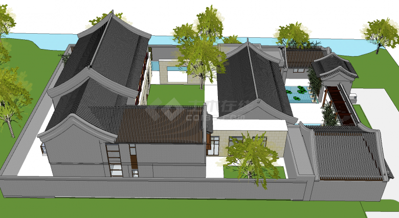 带绿植带池塘的新中式四合院su模型-图二