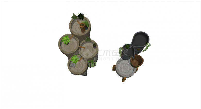 陶罐老物件流水植物su模型-图二