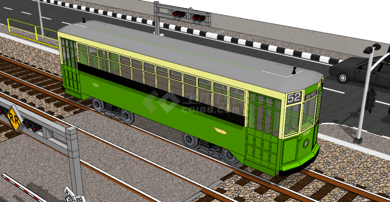 一节墨绿色有轨电车su模型-图一