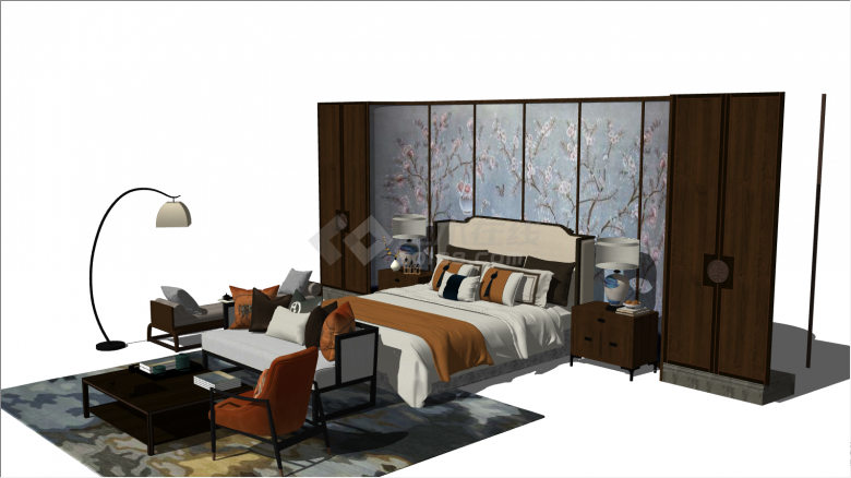 带鲜花背景墙带迷彩地毯的家装卧室su模型-图二