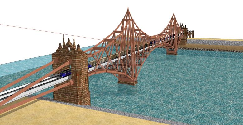 钢架跨河斜拉铁路桥su模型-图一