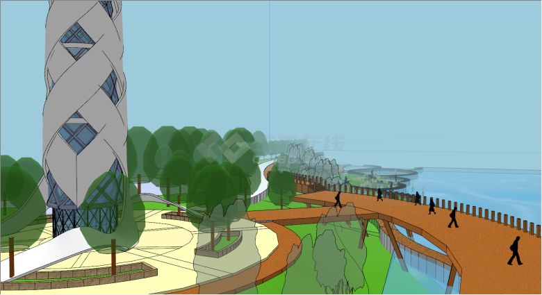 大型树木环绕河岸景观su模型-图二