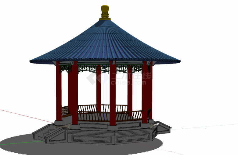 中式蓝色伞状景观亭su模型-图二