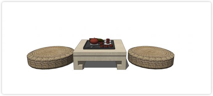 茶桌原木风中式日式蒲团su模型_图1