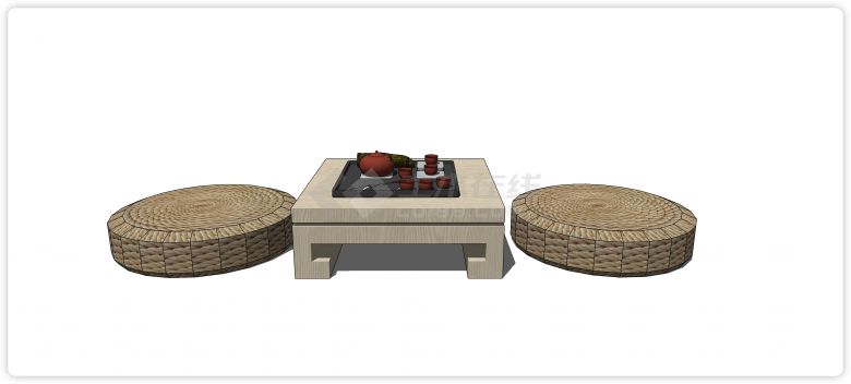茶桌原木风中式日式蒲团su模型-图一