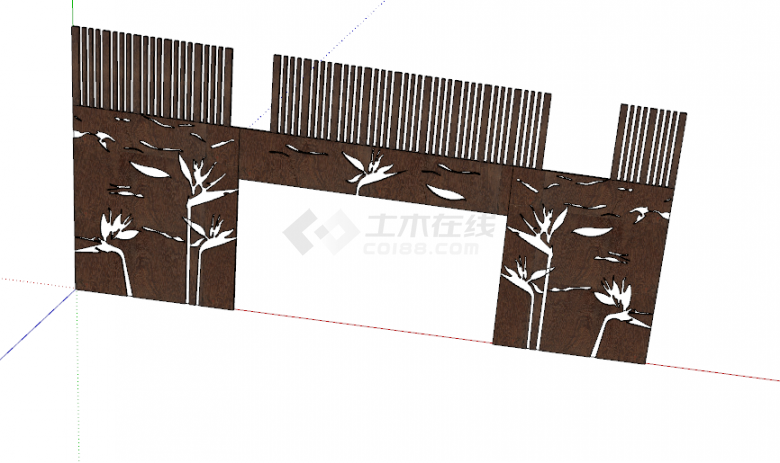 花叶镂空褐色中式组件景墙照壁 su模型-图一