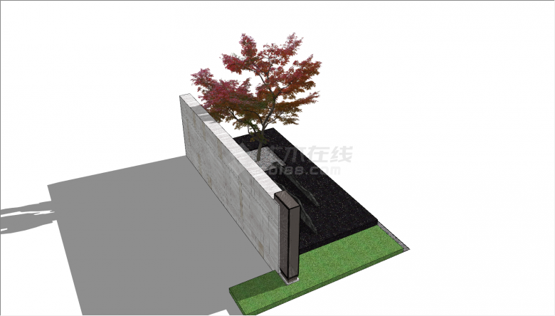 现代黑色岩板带景观树景墙SU模型-图二