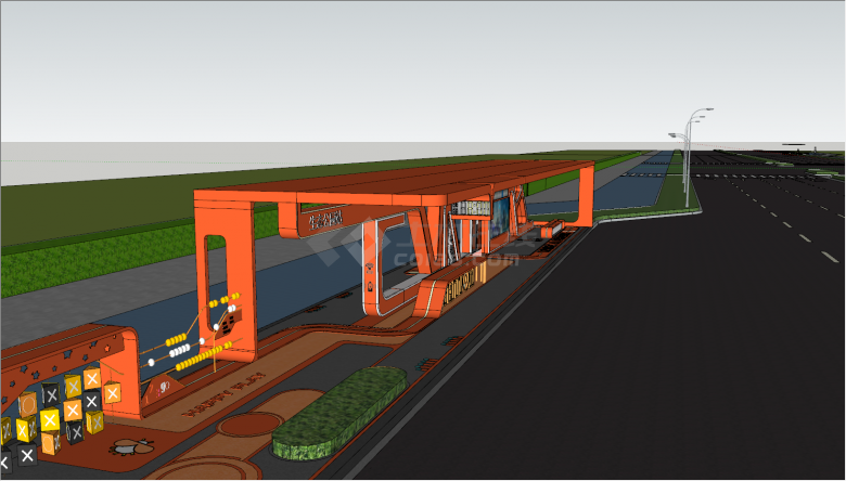 现代橙色线条设计公交站su模型-图二