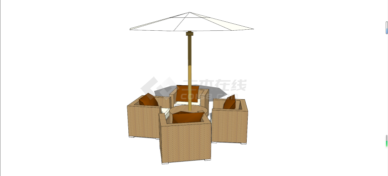 木制带遮阳伞环绕式户外桌椅su模型-图二
