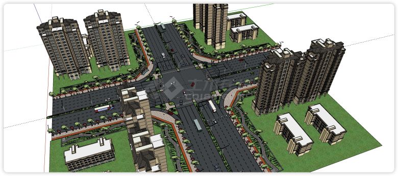 十字路口道路公路绿化带su模型-图二