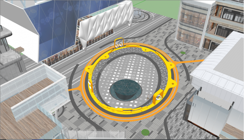 椭圆形的有黄色边的商业中心广场互动飘带水景su模型-图一