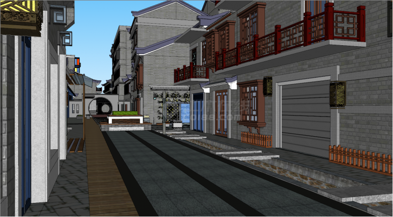 中式商业街景欢改造SU模型-图二