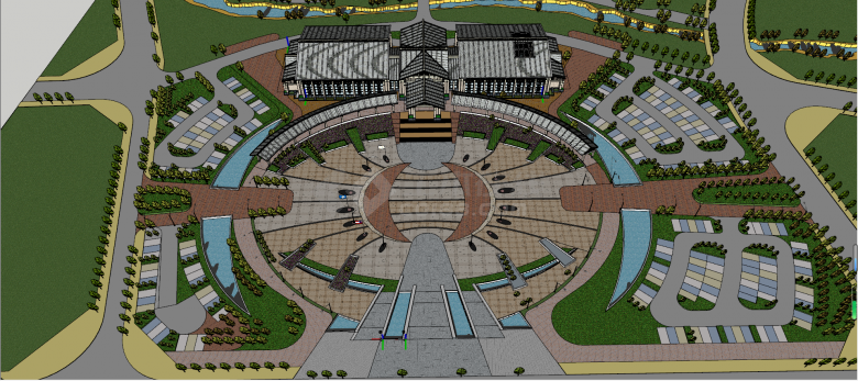 新中式大型复古温泉广场园林景观SU模型-图二