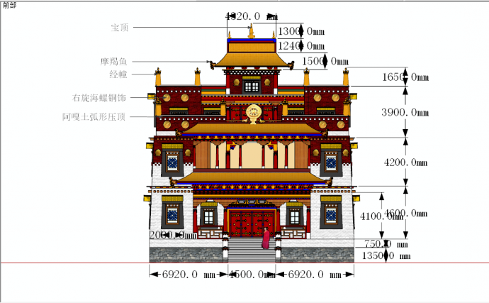 中式白墙红顶佛教寺庙su模型_图1
