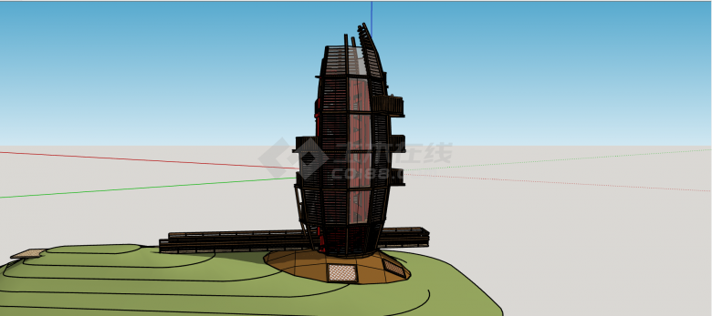 现代新中式实木搭建旋转木梯景观塔庭院SU模型-图二