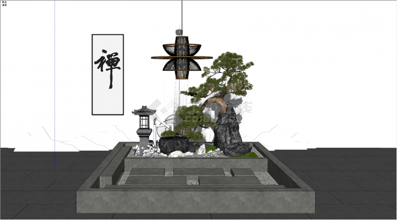 中式假山松树景观小品SU模型-图一