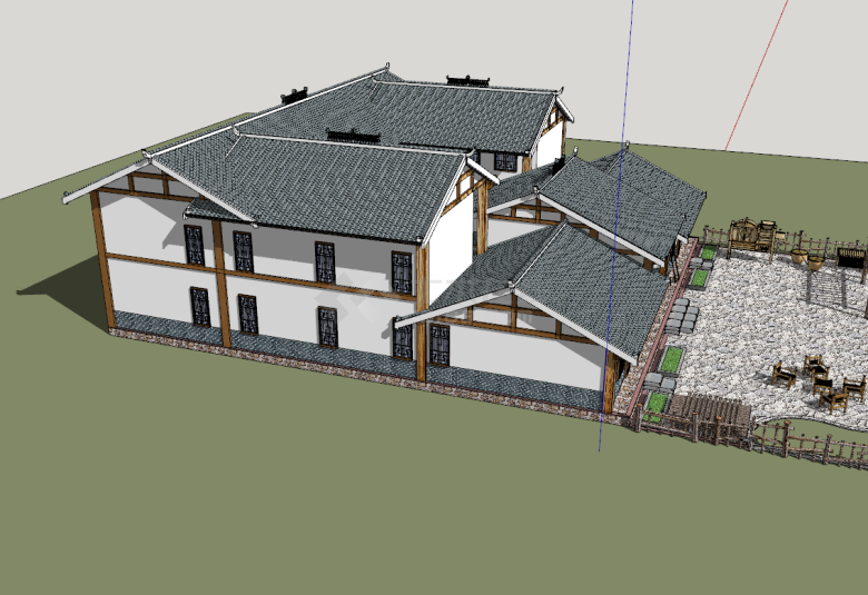 中式古典乡村院落四合院建筑su模型-图一