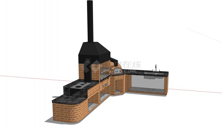 砖砌带烘烤炉中式风格灶台SU模型-图二