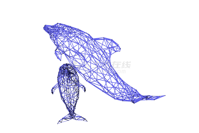 一大一小两条蓝色线条的鲸鱼的su模型-图二